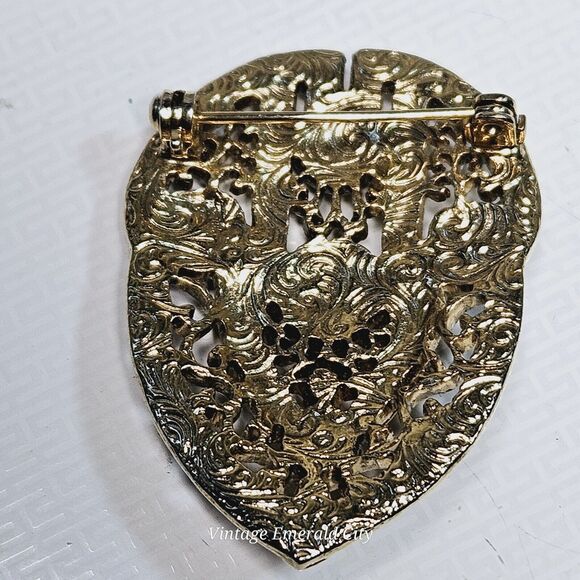 Vtg Intricate Victorian Style Brooch Filigree 3D Pin Goldtone Faux Mixed Stones - Picture 3 of 8